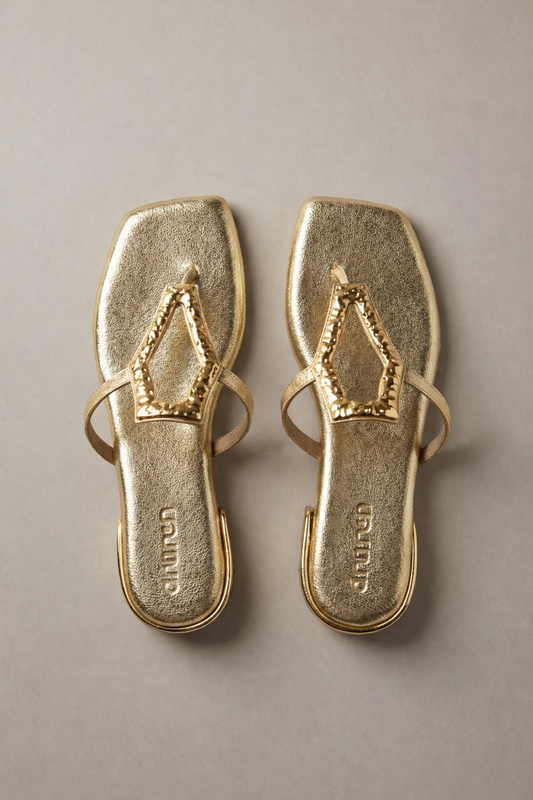 Afterglow Flats in Gold – Top Angle View of Gold Buckle Flats for Women | Drunch