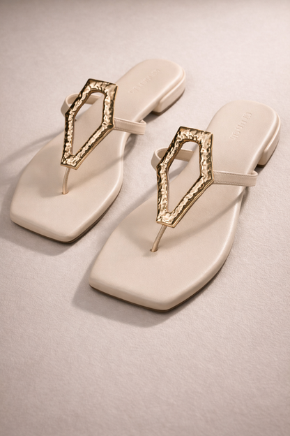 Afterglow Flats in Off White – Front View of Open-Toe Buckle Flats for Women | Drunch