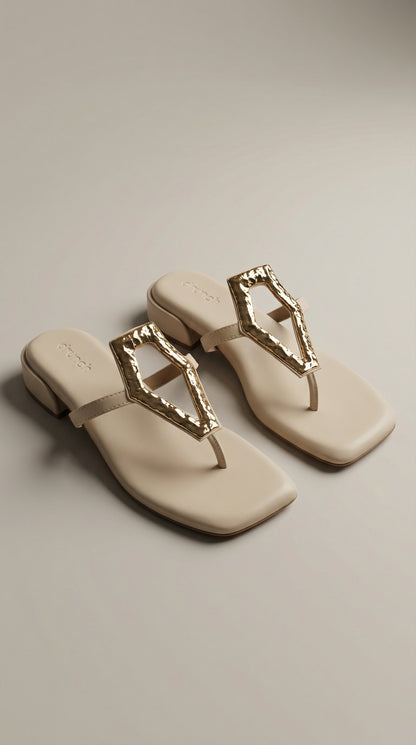 Afterglow Flats in Off White – Side Angle View of Gold Buckle Flats for Women | Drunch