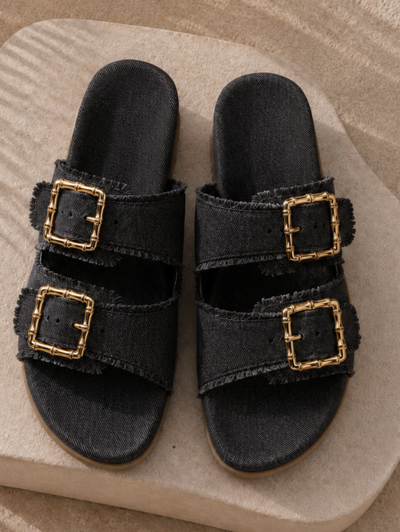 Black Denim Cork Slides for Women – Gold Buckle Open Toe Slip-On Sandals | Drunch