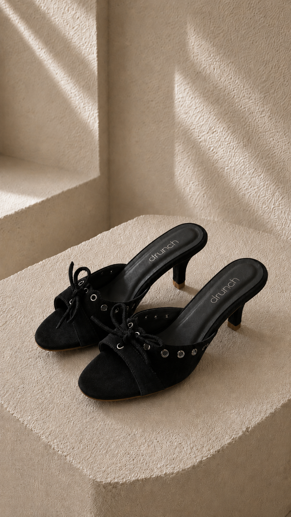 Eclipse Suede Bow Kitten Heels in Charcoal Black – Retro-Inspired Open Toe Mules | Drunch
