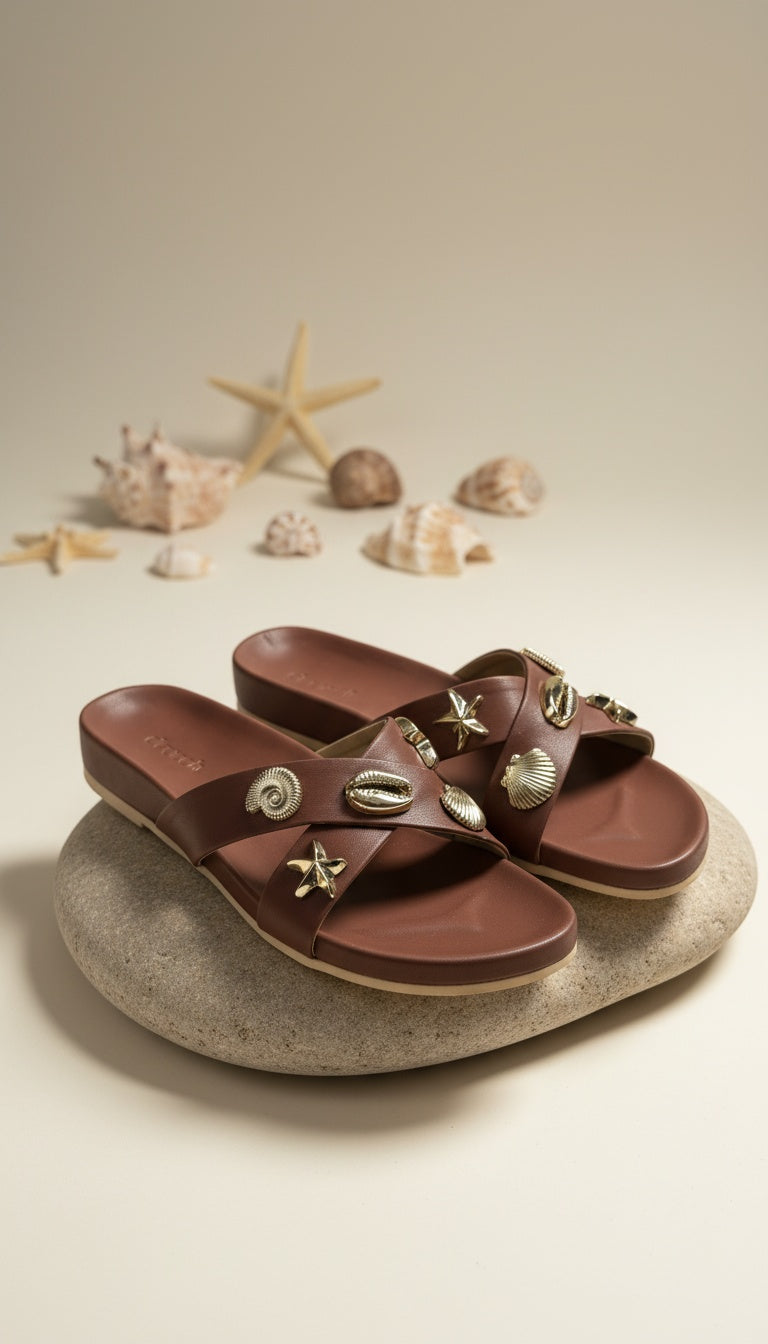 Coral Brown Sandals for Women – Studio Shot of Shell Embellished Beach Sandals | Drunch