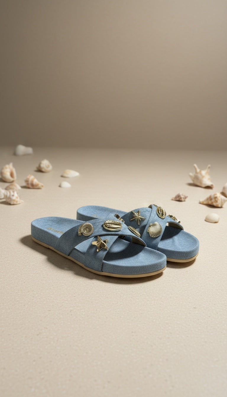 Coral Denim Sandals for Women – Studio Shot of Shell Embellished Beach Sandals | Drunch