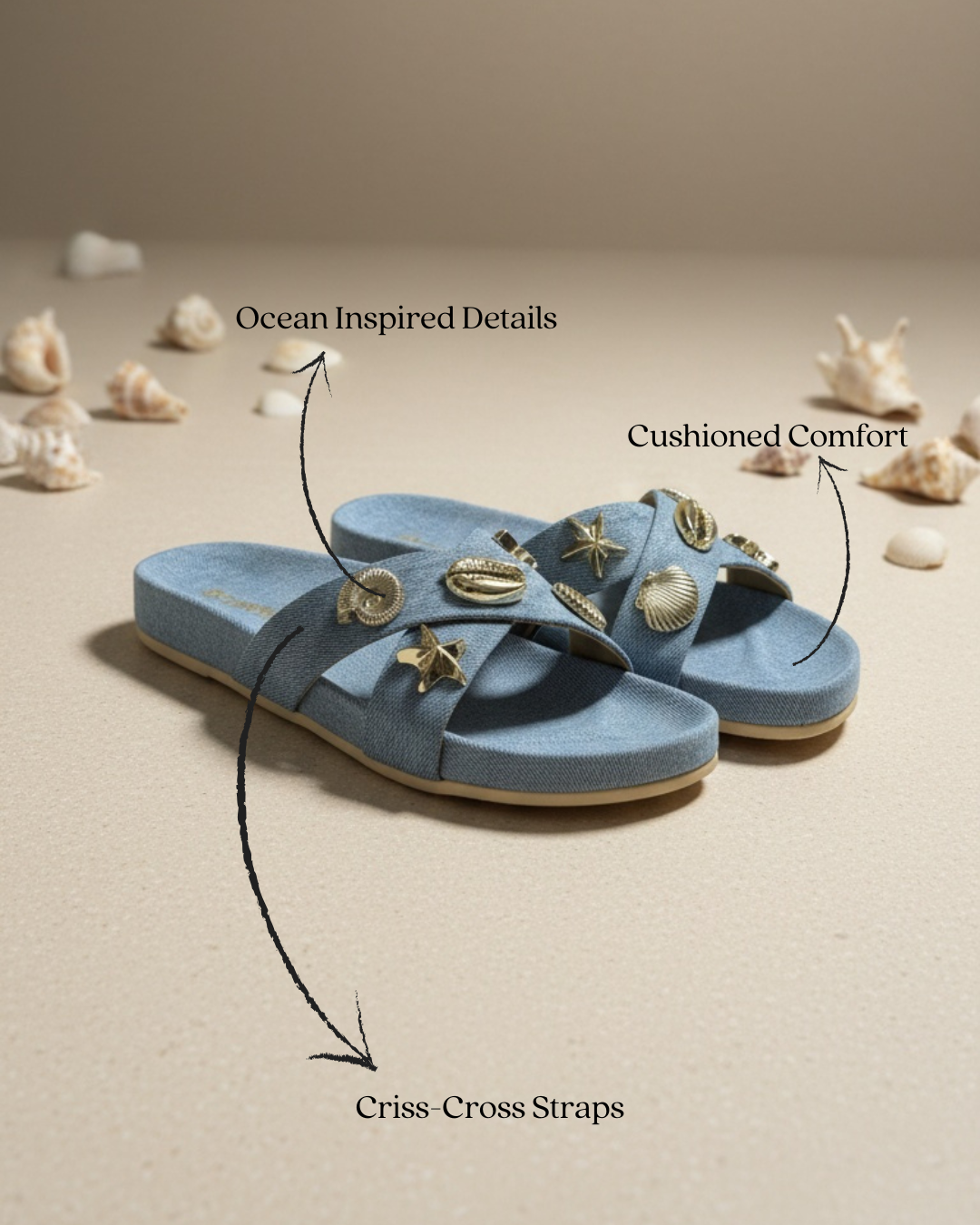 oral Denim Sandals for Women – Vacation Styling Shot of Cushioned Cork Footbed Sandals | Drunch