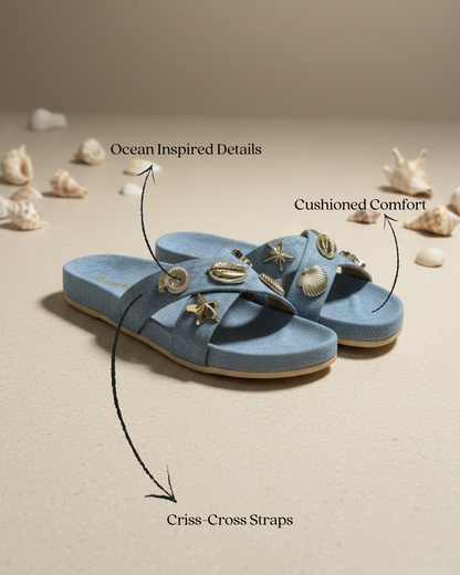 oral Denim Sandals for Women – Vacation Styling Shot of Cushioned Cork Footbed Sandals | Drunch
