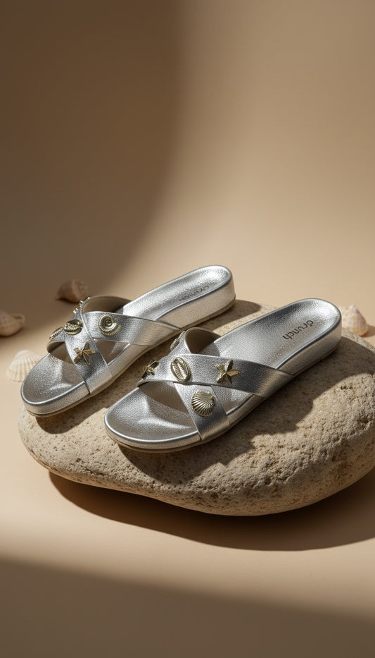 Coral Silver Sandals for Women – Studio Shot of Shell Embellished Beach Sandals | Drunch