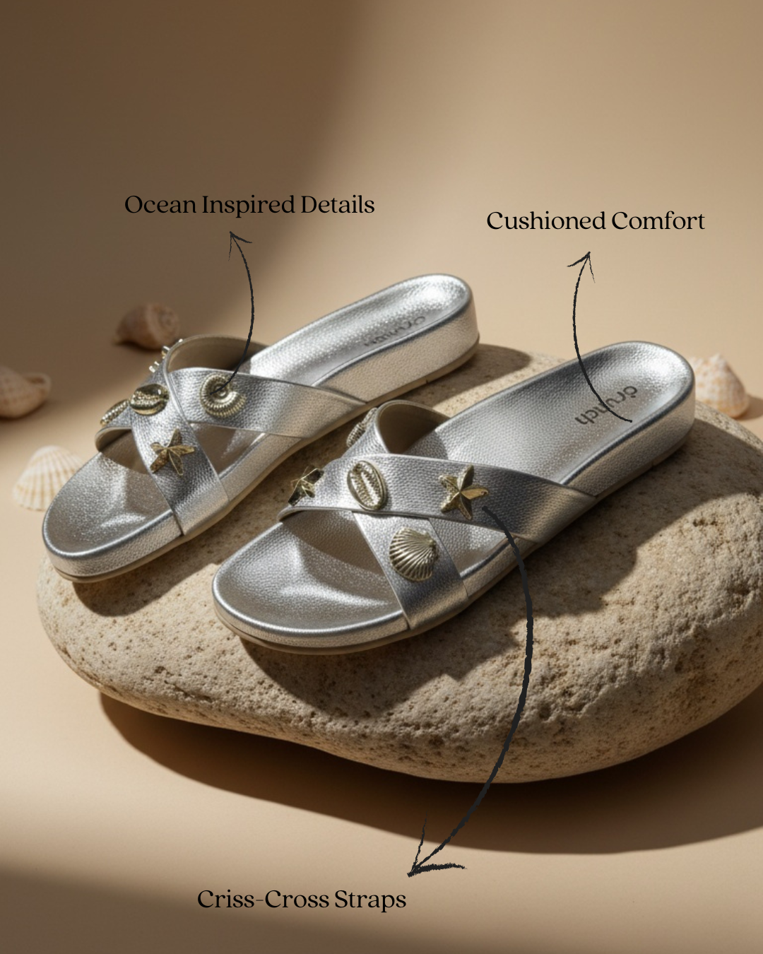 Coral Silver Sandals for Women – Vacation Styling Shot of Cushioned Cork Footbed Sandals | Drunch