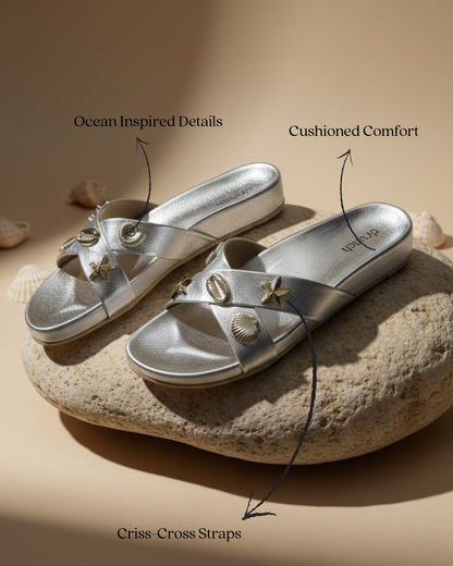 Coral Silver Sandals for Women – Vacation Styling Shot of Cushioned Cork Footbed Sandals | Drunch