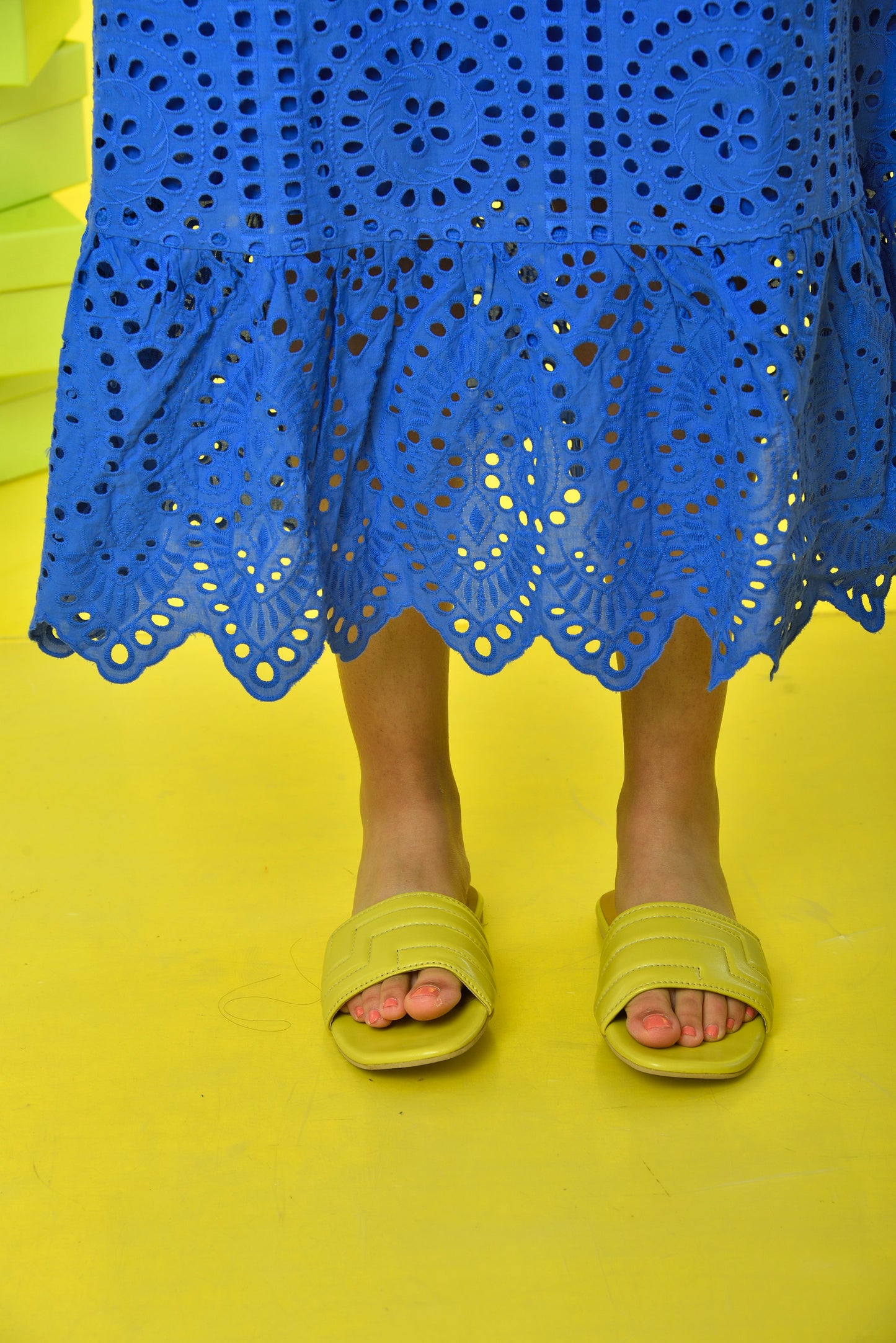 Cosmopolitan Flats Lime worn by model – women's bold lime green slip-on flats
