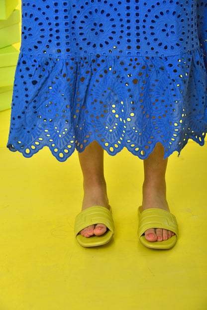 Cosmopolitan Flats Lime worn by model – women's bold lime green slip-on flats