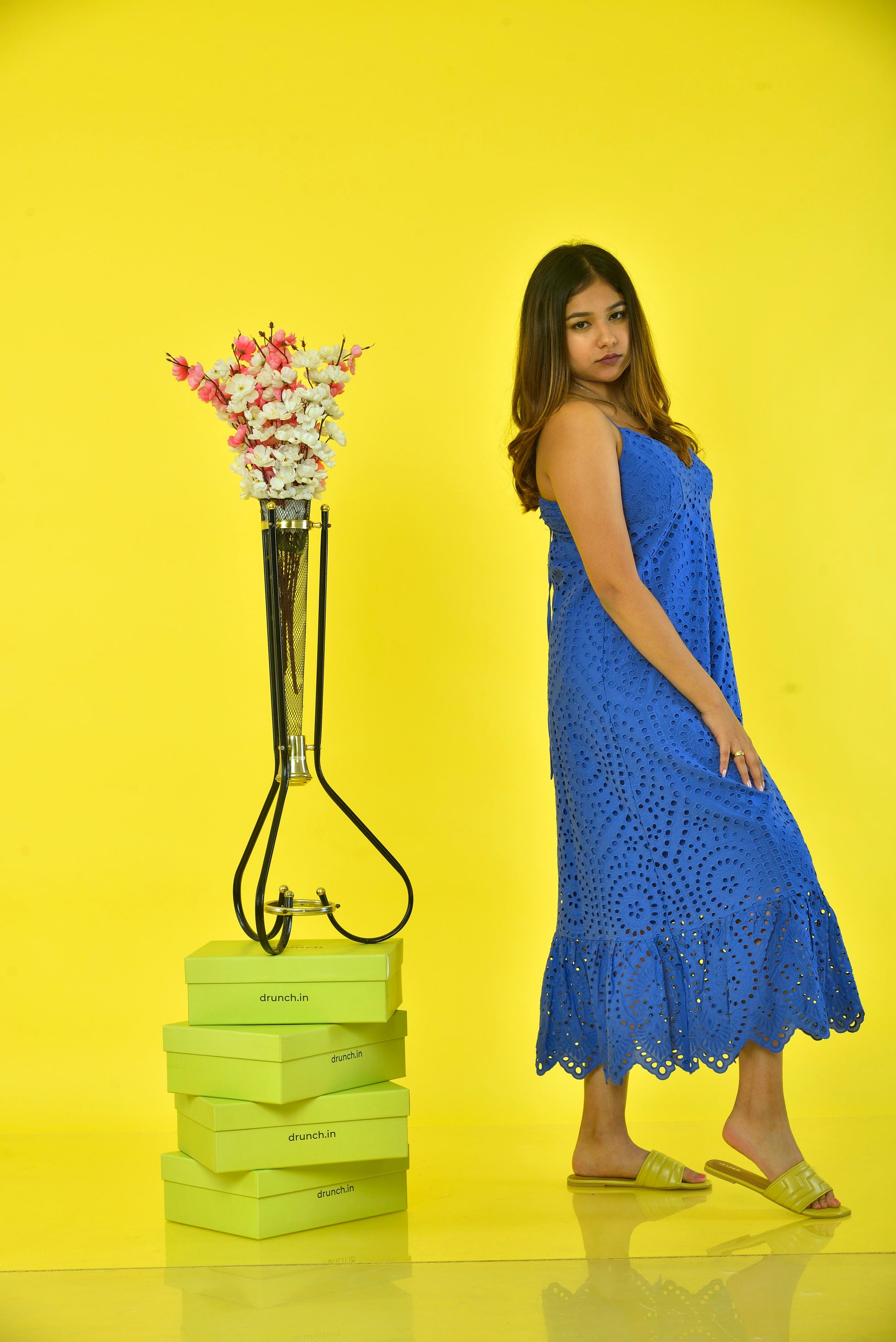 Cosmopolitan Flats Lime – model wearing lime statement flats, styled full look
