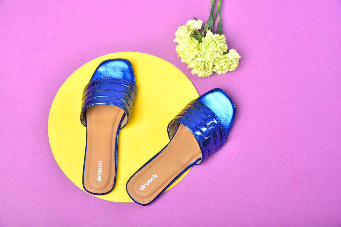 Cosmopolitan Flats Metallic Blue – side view, wide single-strap metallic flats for women