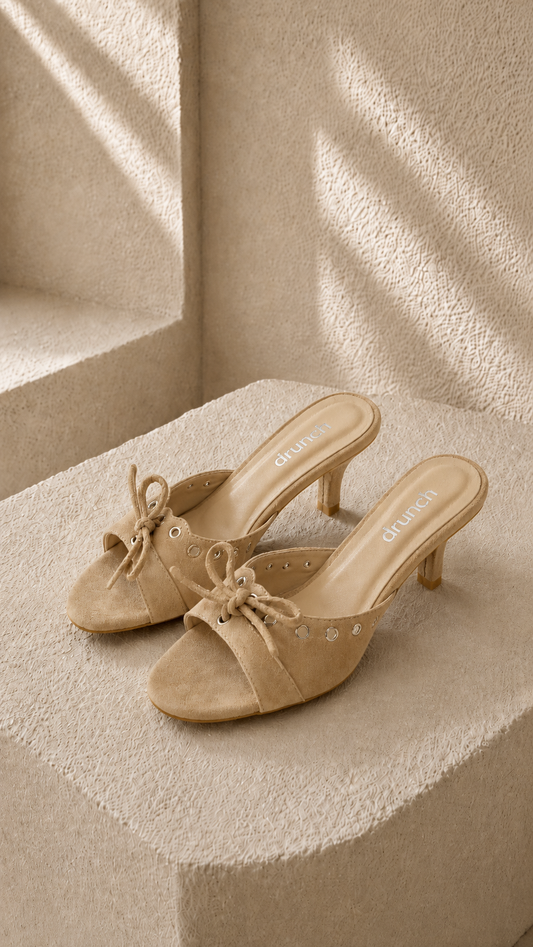  Cream Nude Suede Bow Kitten Heels for Women – Open Toe Slip-On Mules with Bow & Eyelet Detail | Drunch