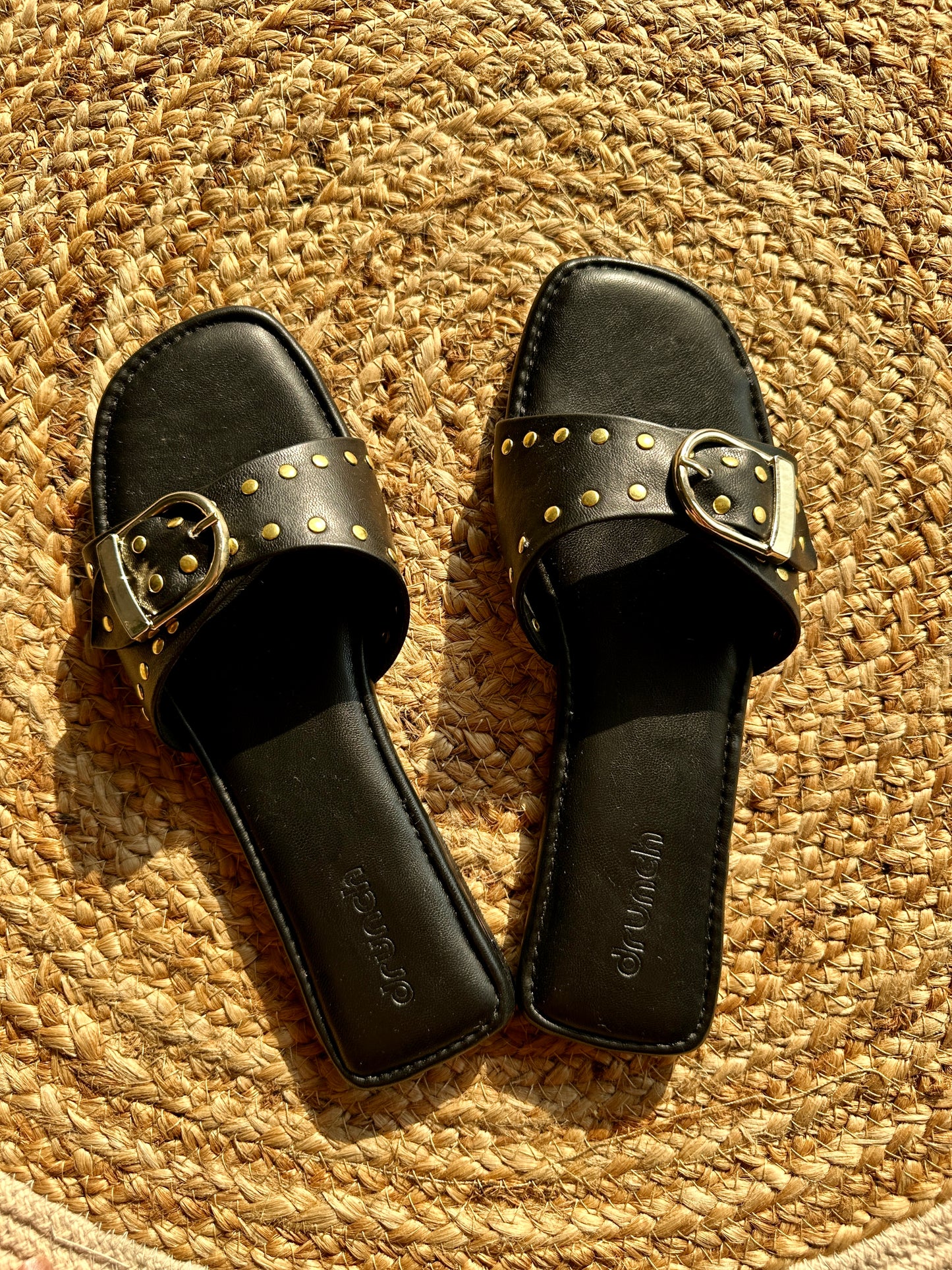 Dune Flats Black – close-up of rivet stud upper and square-toe design