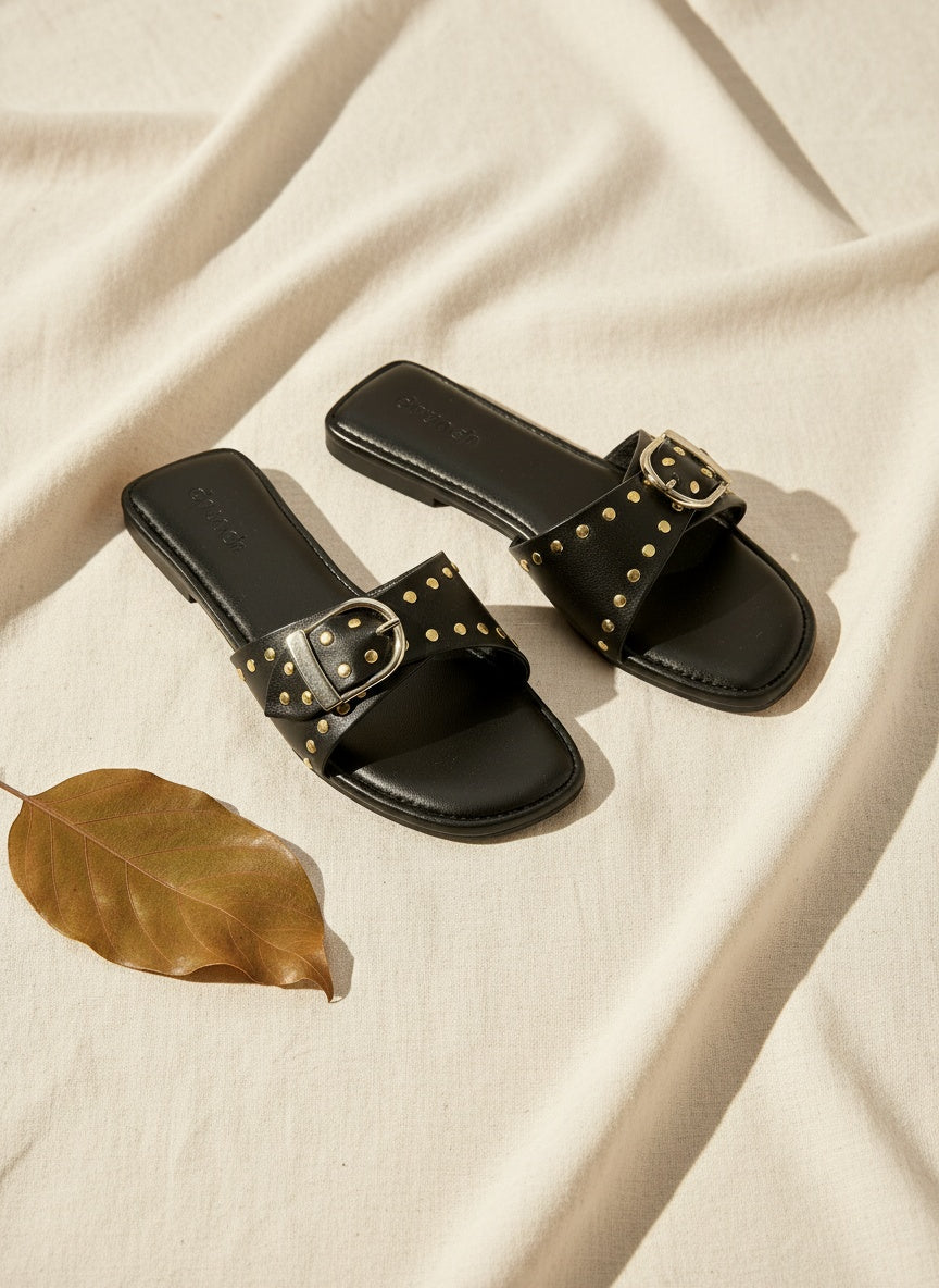 Dune Flats Black – front view, studded open square-toe flats for women