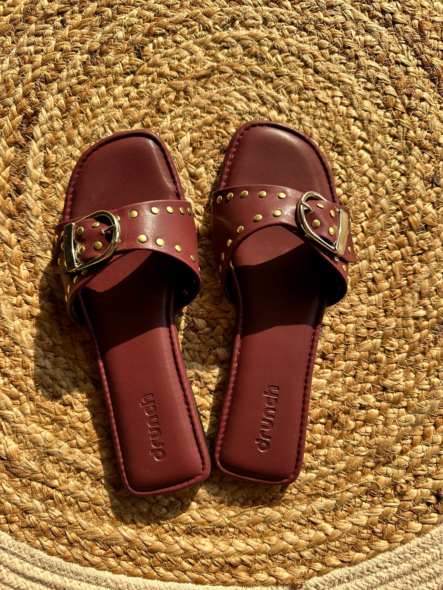 Dune Flats Burgundy – close-up of studded upper and square-toe design