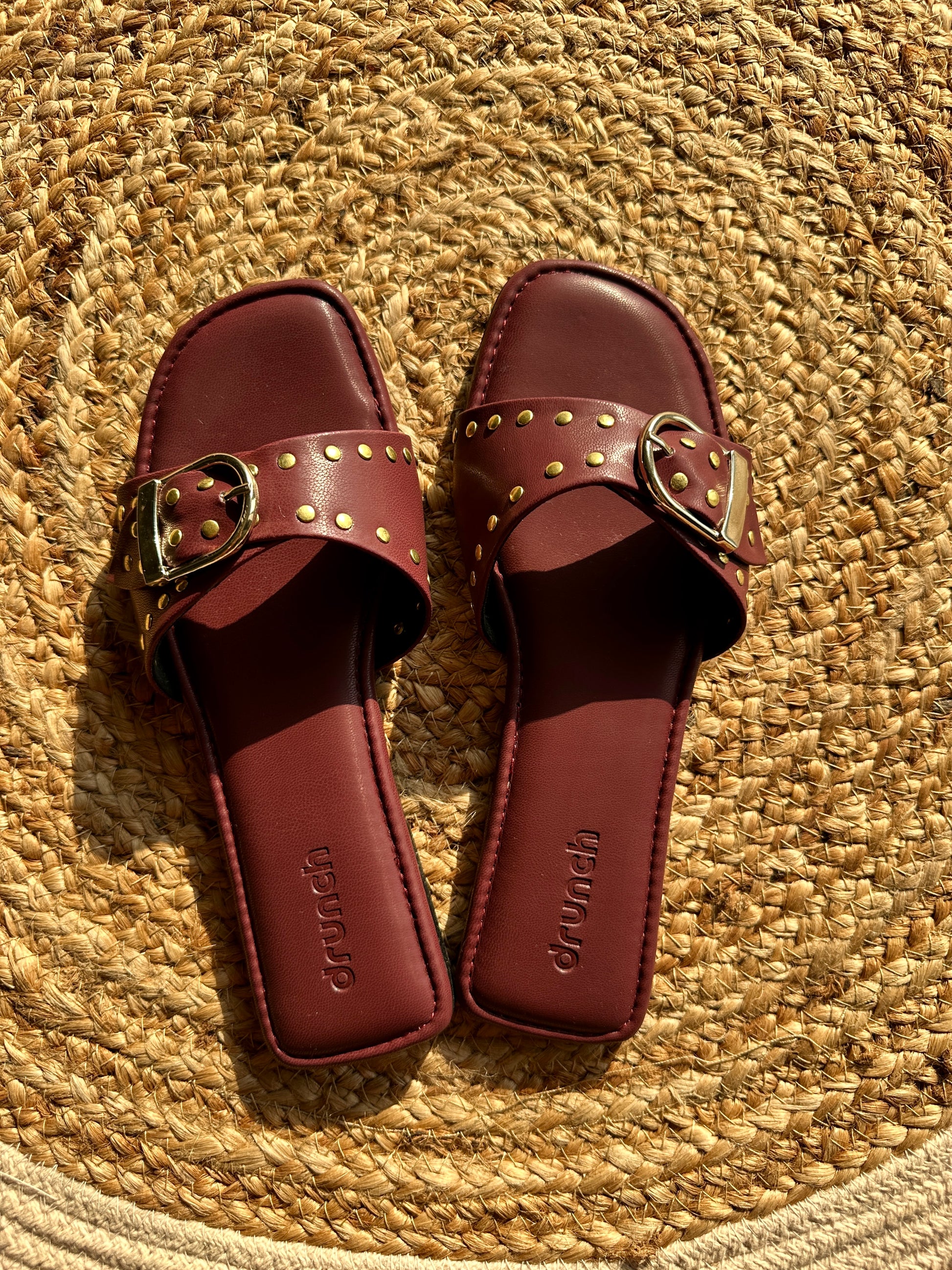 Dune Flats Burgundy – close-up of studded upper and square-toe design