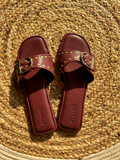 Dune Flats Burgundy – close-up of studded upper and square-toe design