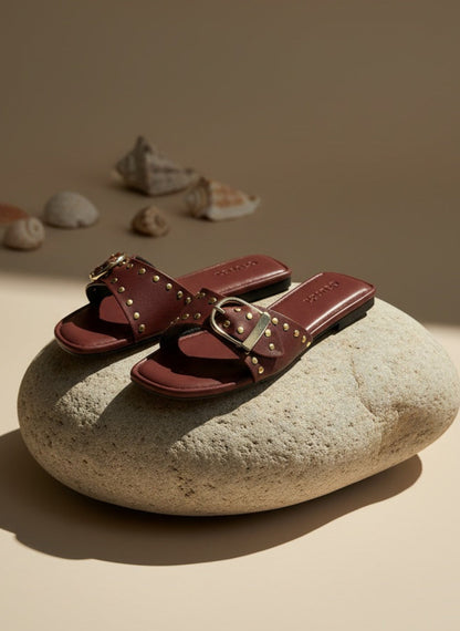 Dune Flats Burgundy – front view, studded open square-toe flats for women