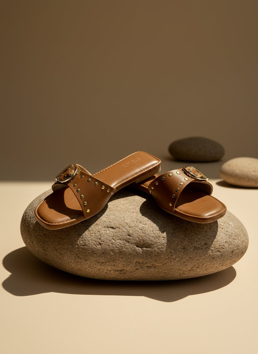 Dune Flats Tan – front view, studded open square-toe flats for women
