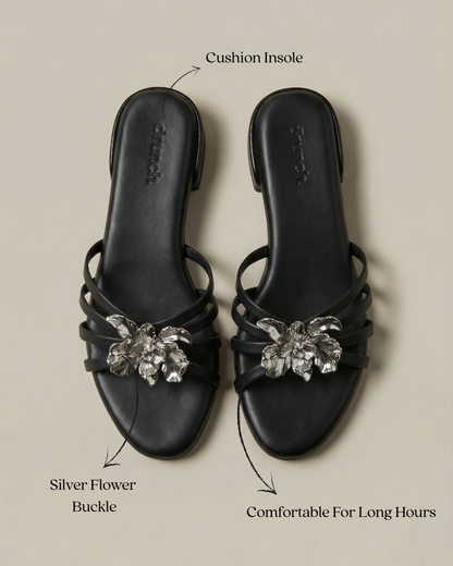 Everglow Flat Sandals in Black – Lifestyle Shot of Floral Buckle Flats for Women | Drunch