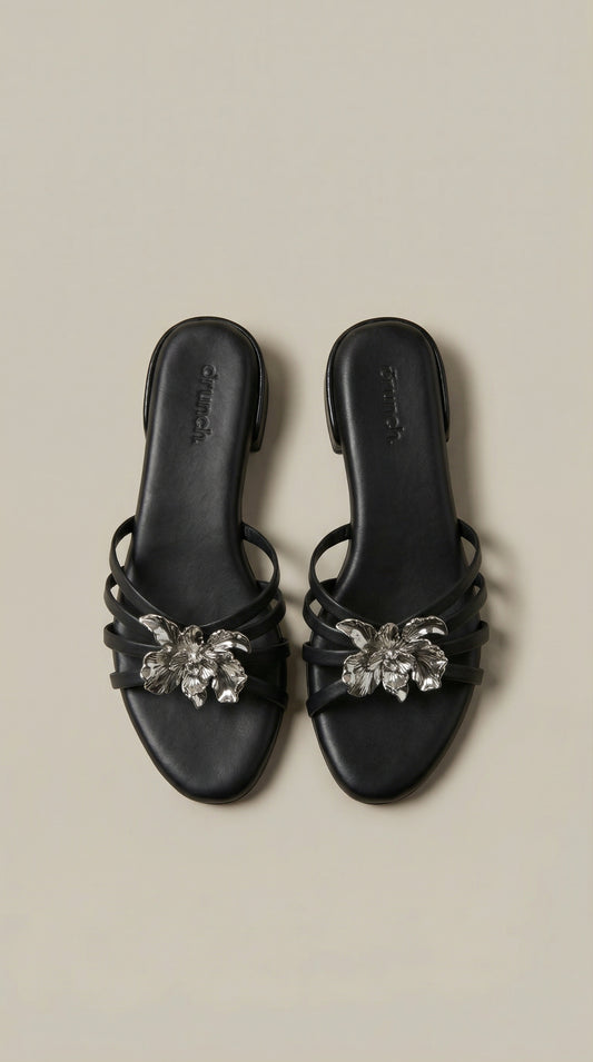 Everglow Flat Sandals in Black – Top View of Embellished Open-Toe Flats for Women | Drunch