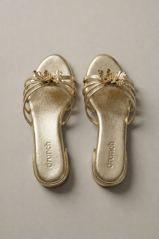 Everglow Flat Sandals in Gold – Top View of Embellished Open-Toe Flats for Women | Drunch