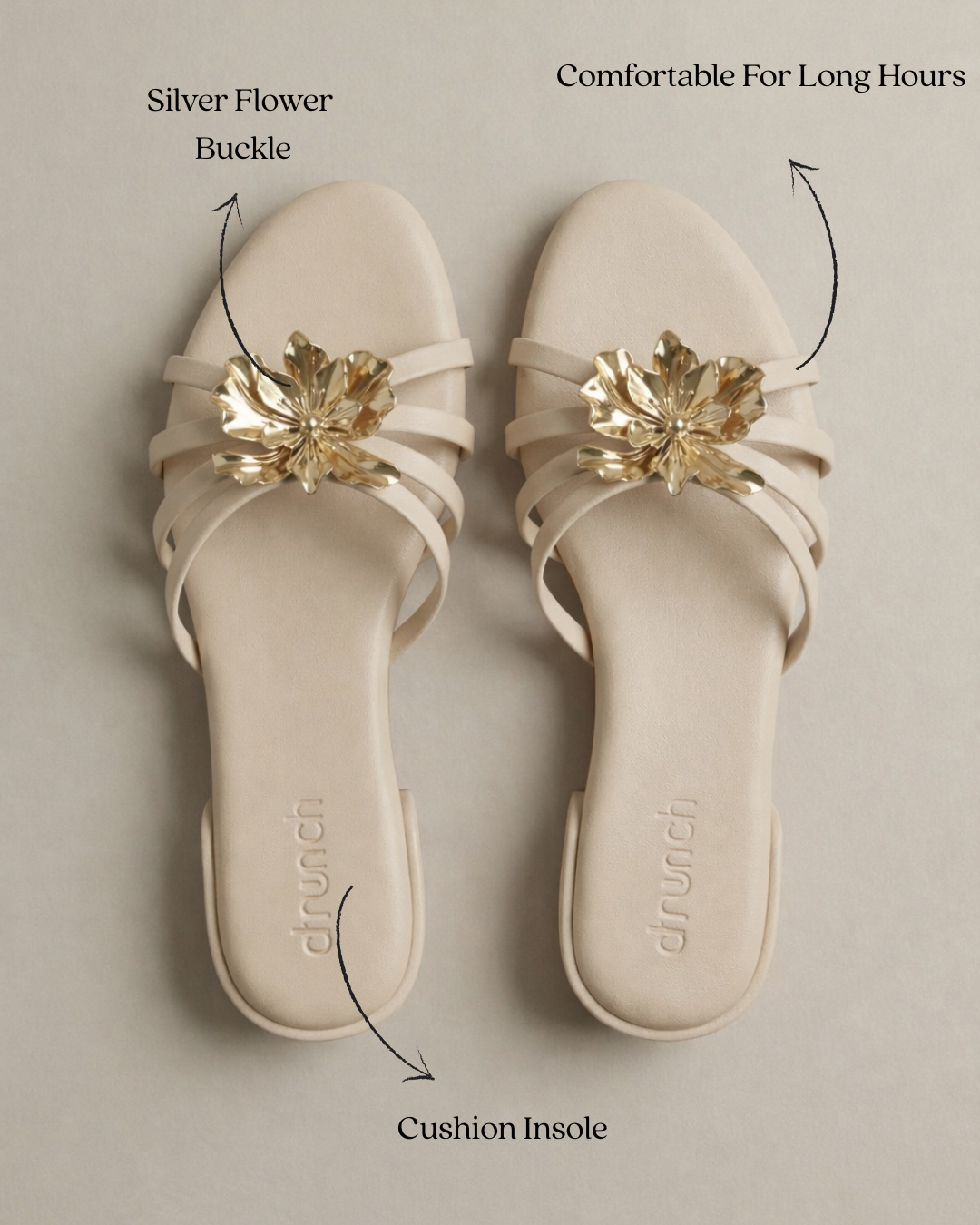 Everglow Flat Sandals in Off White – Lifestyle Shot of Floral Buckle Flats for Women | Drunch