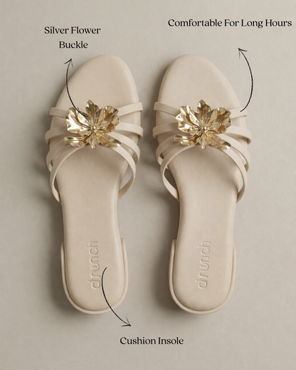 Everglow Flat Sandals in Off White – Lifestyle Shot of Floral Buckle Flats for Women | Drunch