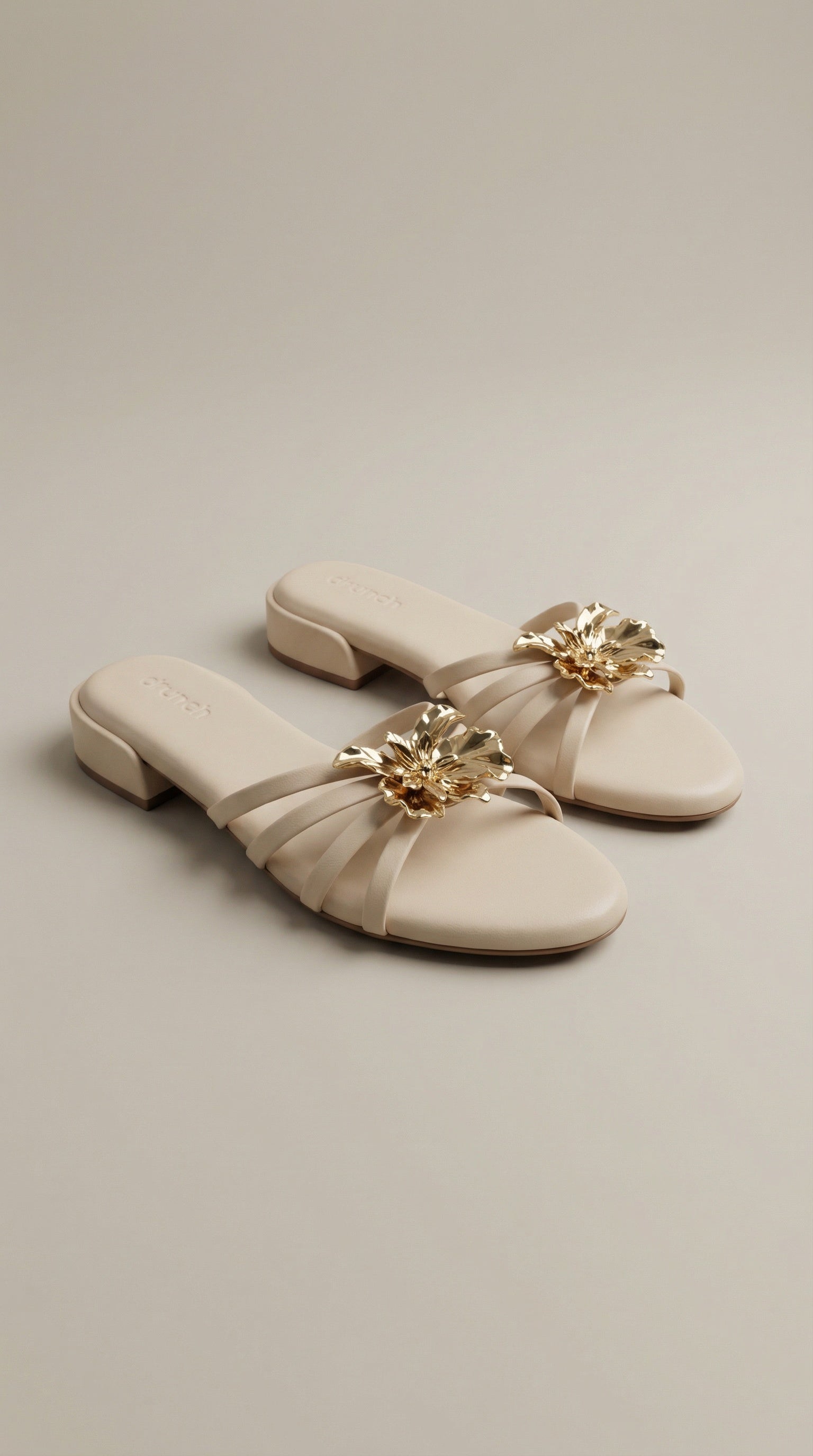 Everglow Flat Sandals in Off White – Top Right Angle View of Floral Buckle Flats for Women | Drunch