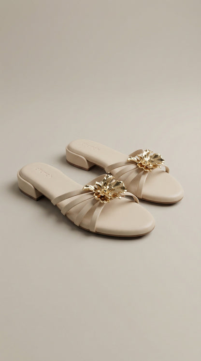 Everglow Flat Sandals in Off White – Top Right Angle View of Floral Buckle Flats for Women | Drunch