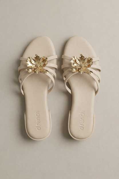 Everglow Flat Sandals in Off White – Top View of Embellished Open-Toe Flats for Women | Drunch
