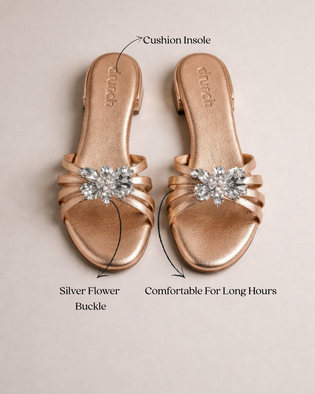 Everglow Flat Sandals in Rose Gold – Lifestyle Shot of Cushioned Buckle Flats for Women | Drunch