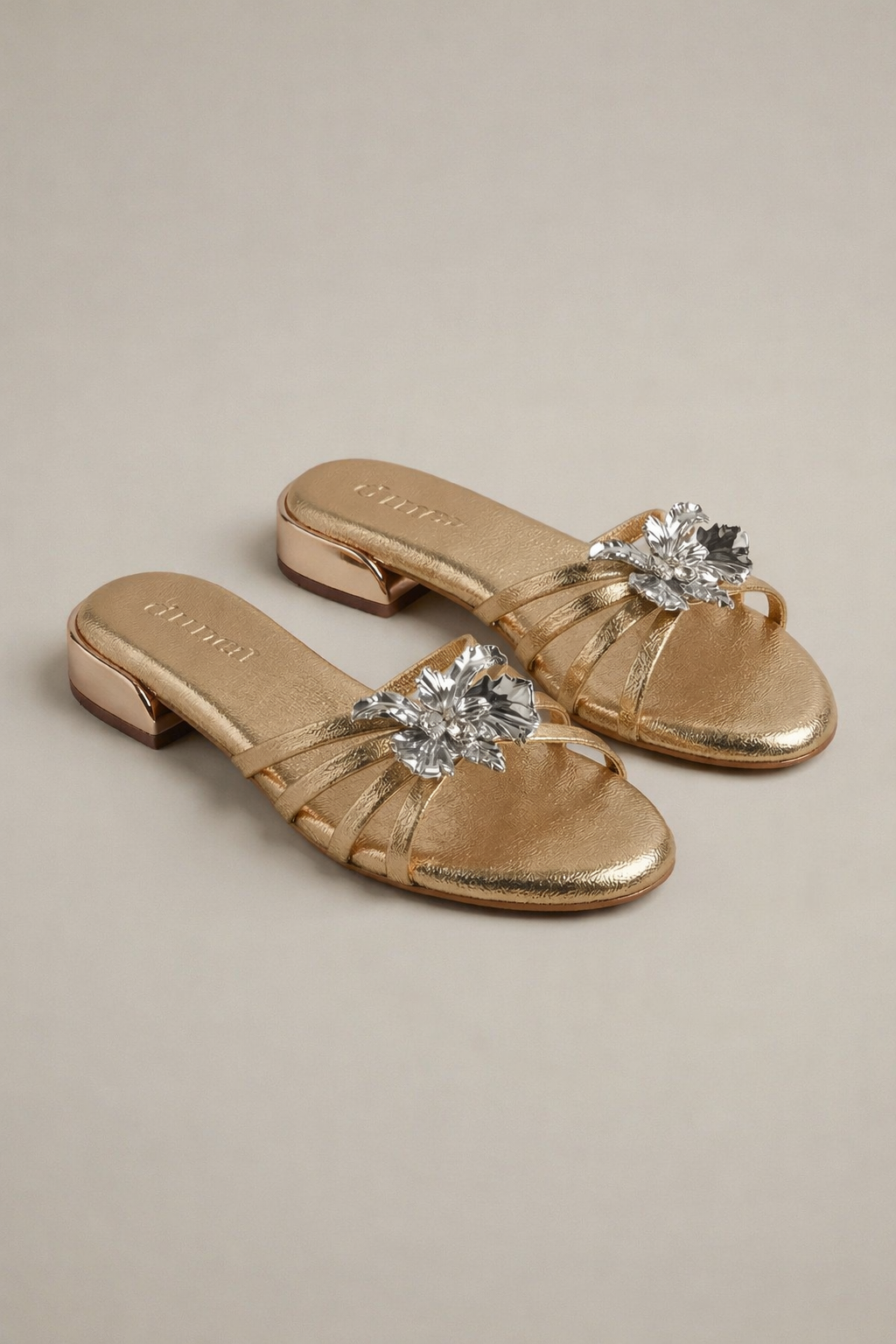 Everglow Flat Sandals in Rose Gold – Side View of Embellished Buckle Open-Toe Flats | Drunch