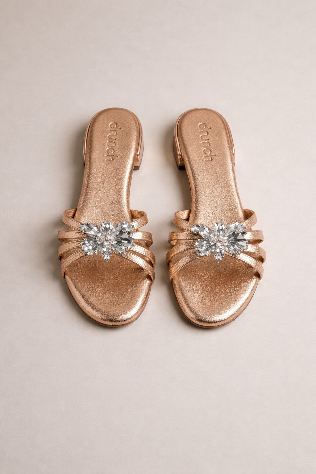 Everglow Flat Sandals in Rose Gold – Top Angle View of Rose Gold Buckle Flats for Women | Drunch