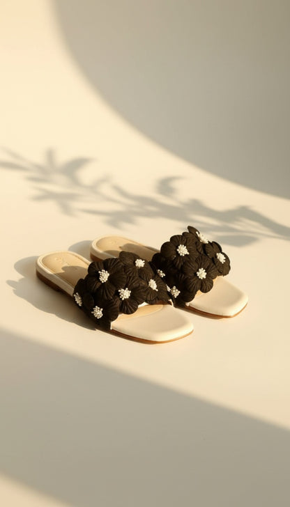 Gili Flats Black & White – close-up of floral upper and square-toe design