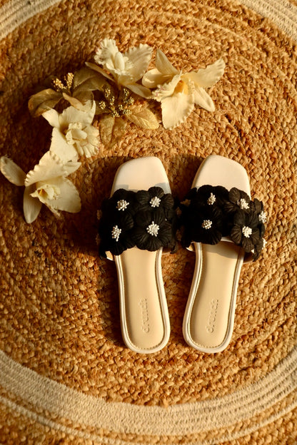 Gili Flats Black & White – front view, open square-toe floral flats for women