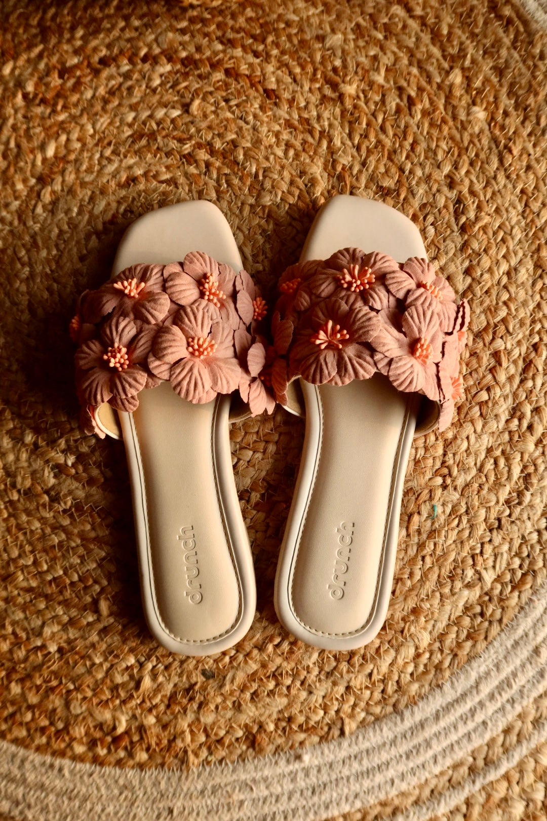 Gili Flats Peach – front view, open square-toe floral flats for women