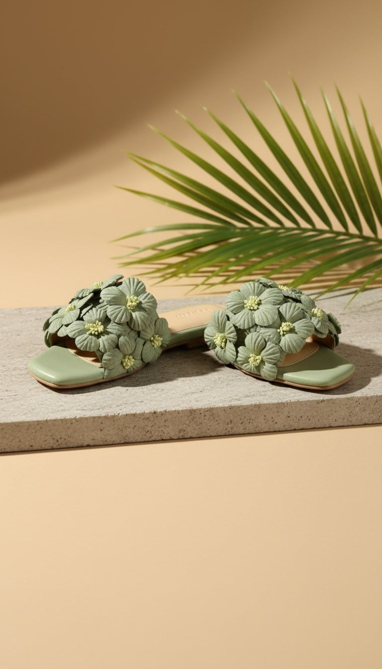 Gili Flats Sea Green – close-up of floral upper and square-toe design