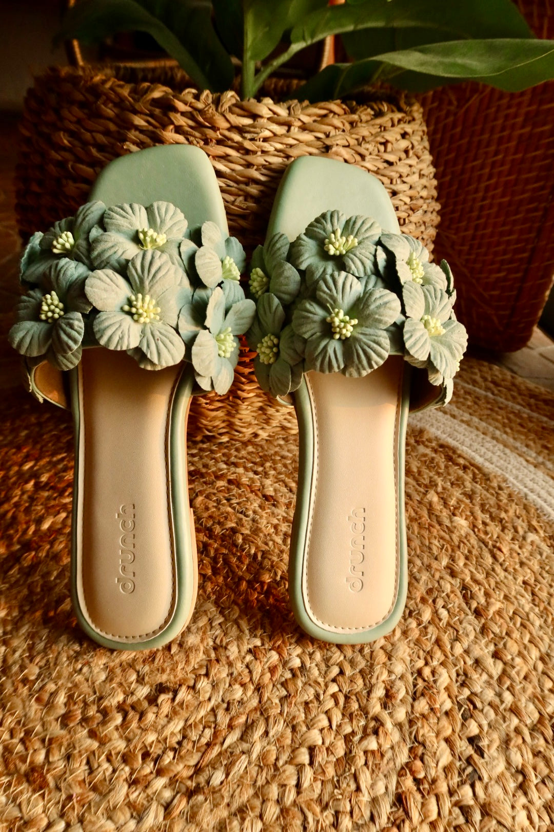 Gili Flats Sea Green – front view, open square-toe floral flats for women