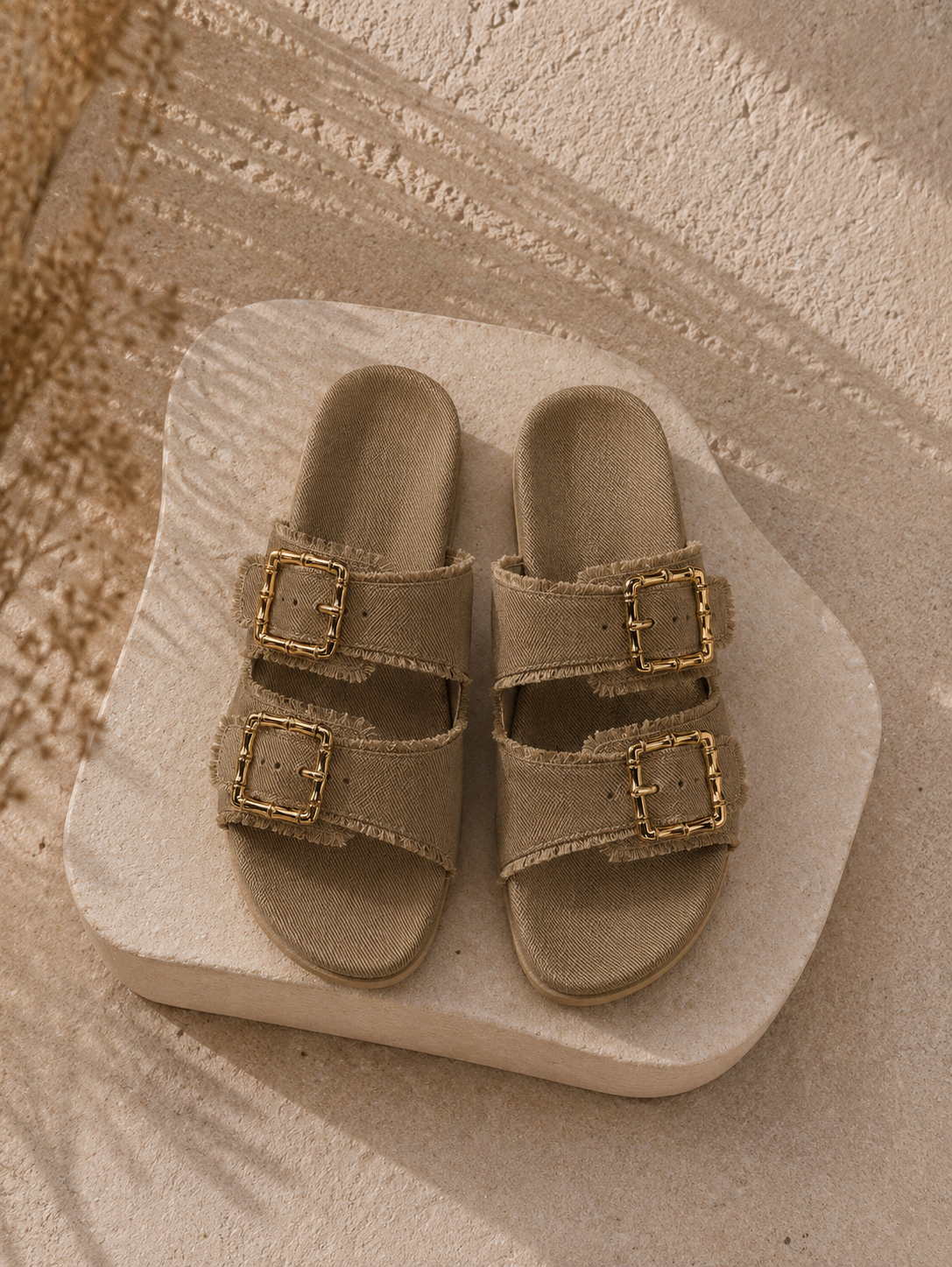 Khaki Denim Cork Slides for Women – Gold Buckle Strap Open Toe Slip-On Sandals | Drunch