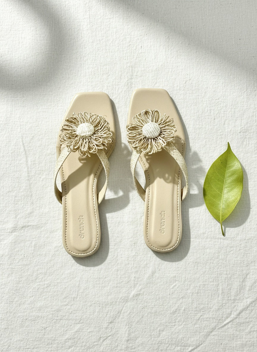 Off White Luna Floral Flats - Front View with Flower Detail | drunch