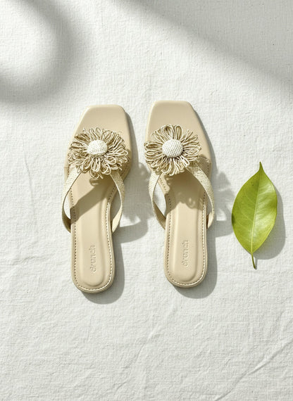 Off White Luna Floral Flats - Front View with Flower Detail | drunch