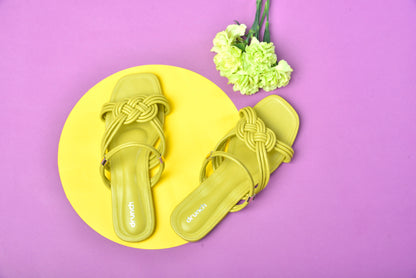 Mimosa Flats Lime – side view, criss-cross strap lime green flats for women