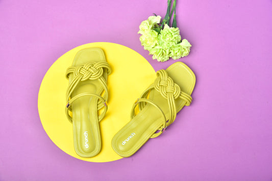 Mimosa Flats Lime – side view, criss-cross strap lime green flats for women