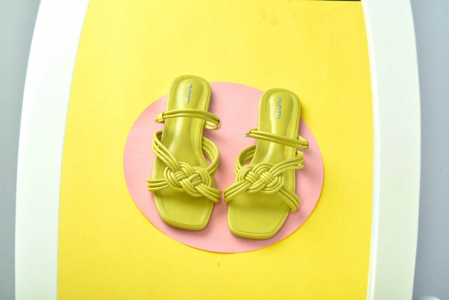 Mimosa Flats Lime – front view, criss-cross open square-toe slip-on flats for women
