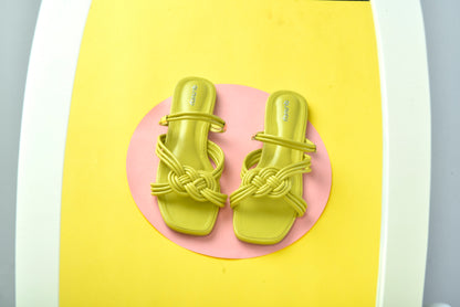 Mimosa Flats Lime – front view, criss-cross open square-toe slip-on flats for women