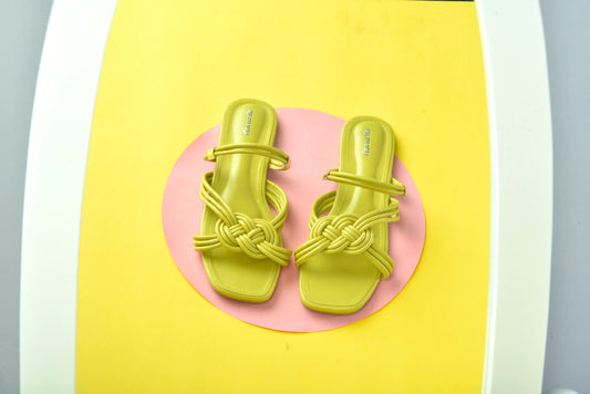 Mimosa Flats Lime – front view, criss-cross open square-toe slip-on flats for women