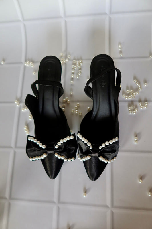 Moonlit Black Pearl Slingback Pumps - Women's Satin Heels with Pearl Detail | drunch