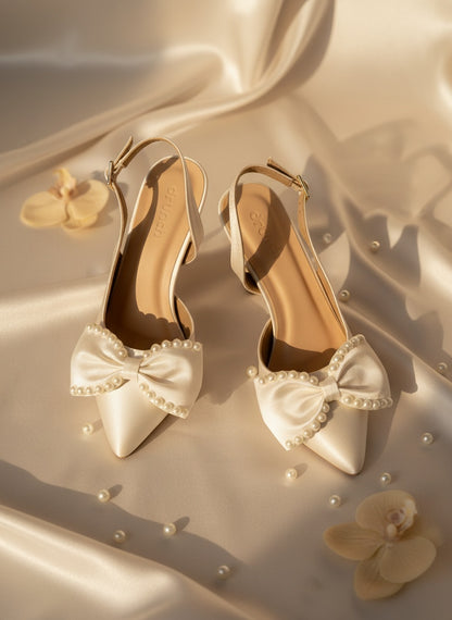 Moonlit White Pearl Slingback Pumps - Women's Satin Heels with Pearl Detail | drunch